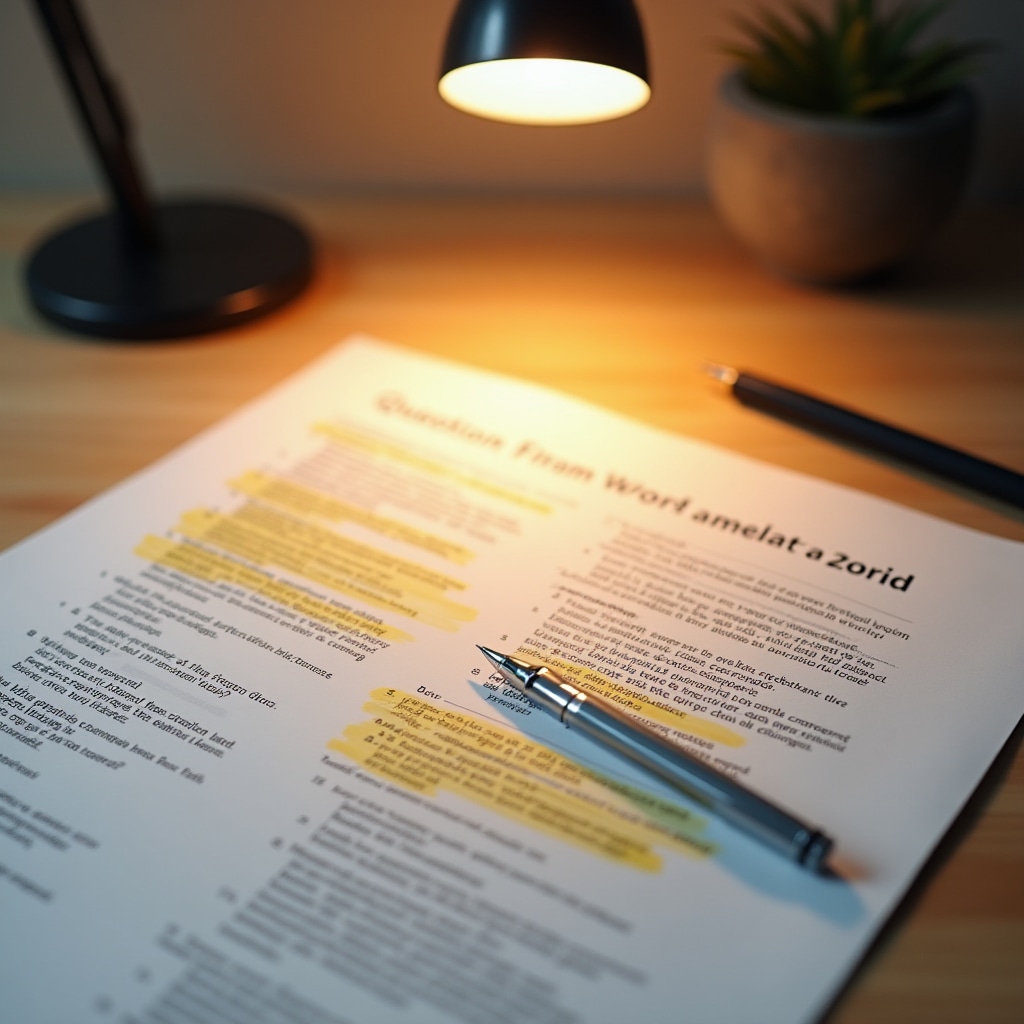 Question framework document with highlighted sections